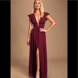 Lulus I’m All Yours Burgundy Ruffled Maxi Dress